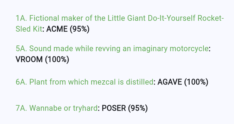 App task list showing crossword clues followed by bold answers and
confidence scores in parentheses