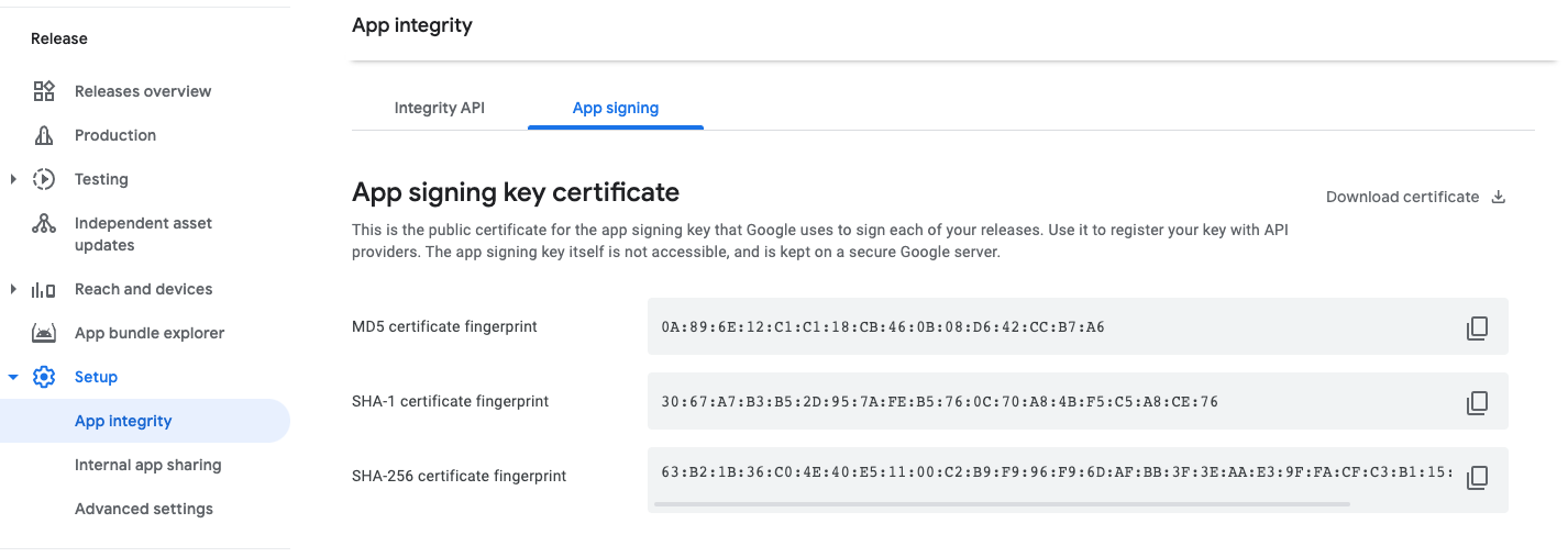 Screenshot of sha256 fingerprint in play developer console