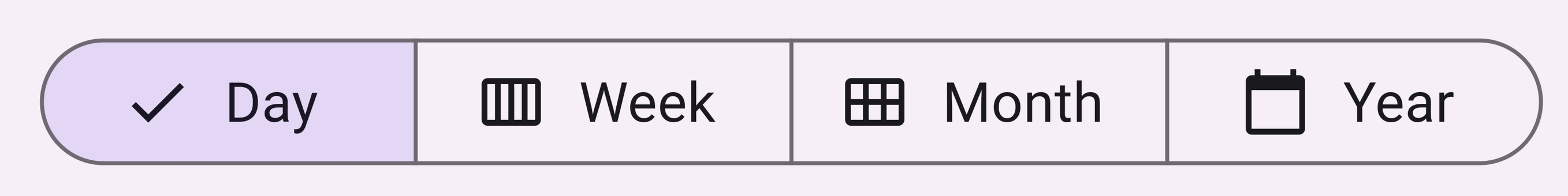 A GIF of a SegmentedButton with 4 segments: Day, Week, Month, and Year.
Each has a calendar icon to represent its value and a text label.
Day is first selected, then week and month, then year.