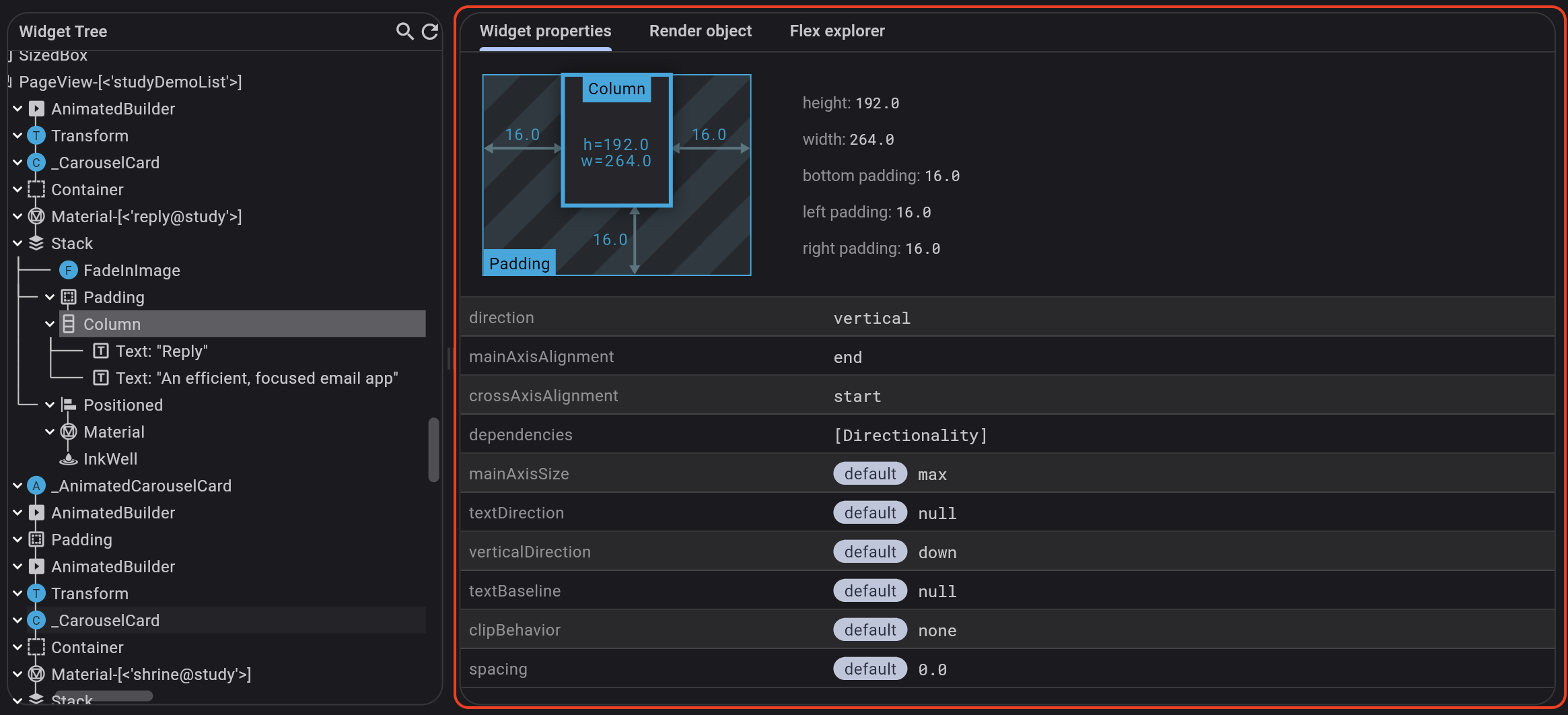 Image of Flutter inspector with Widget Explorer highlighted