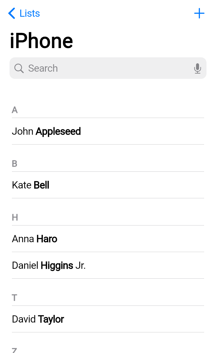 A screenshot of the completed Rolodex contact
management app showing a list of contacts organized alphabetically.