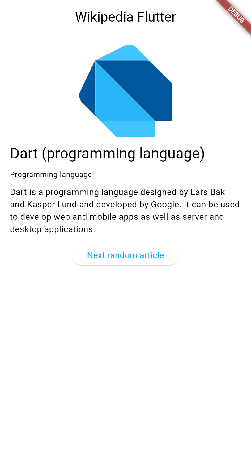 A screenshot of the completed
Wikipedia reader app showing an article with image, title,
description, and extract text.