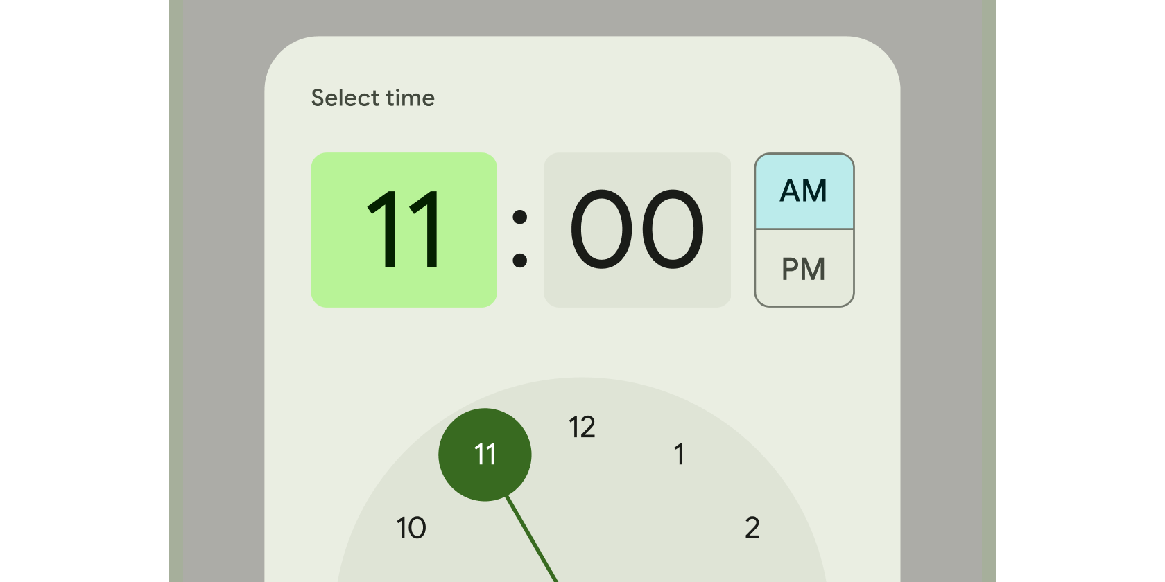 Rendered example of the TimePicker Material widget.