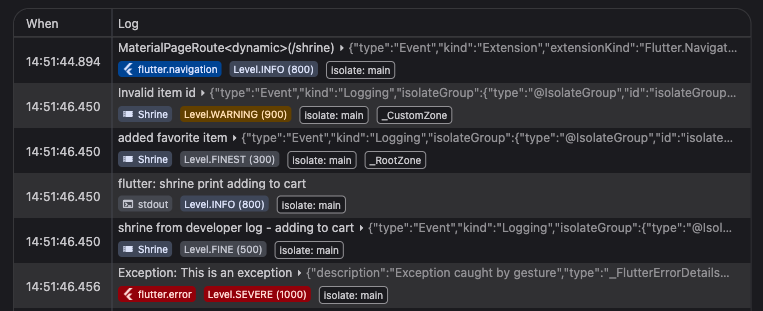 Logging metadata display